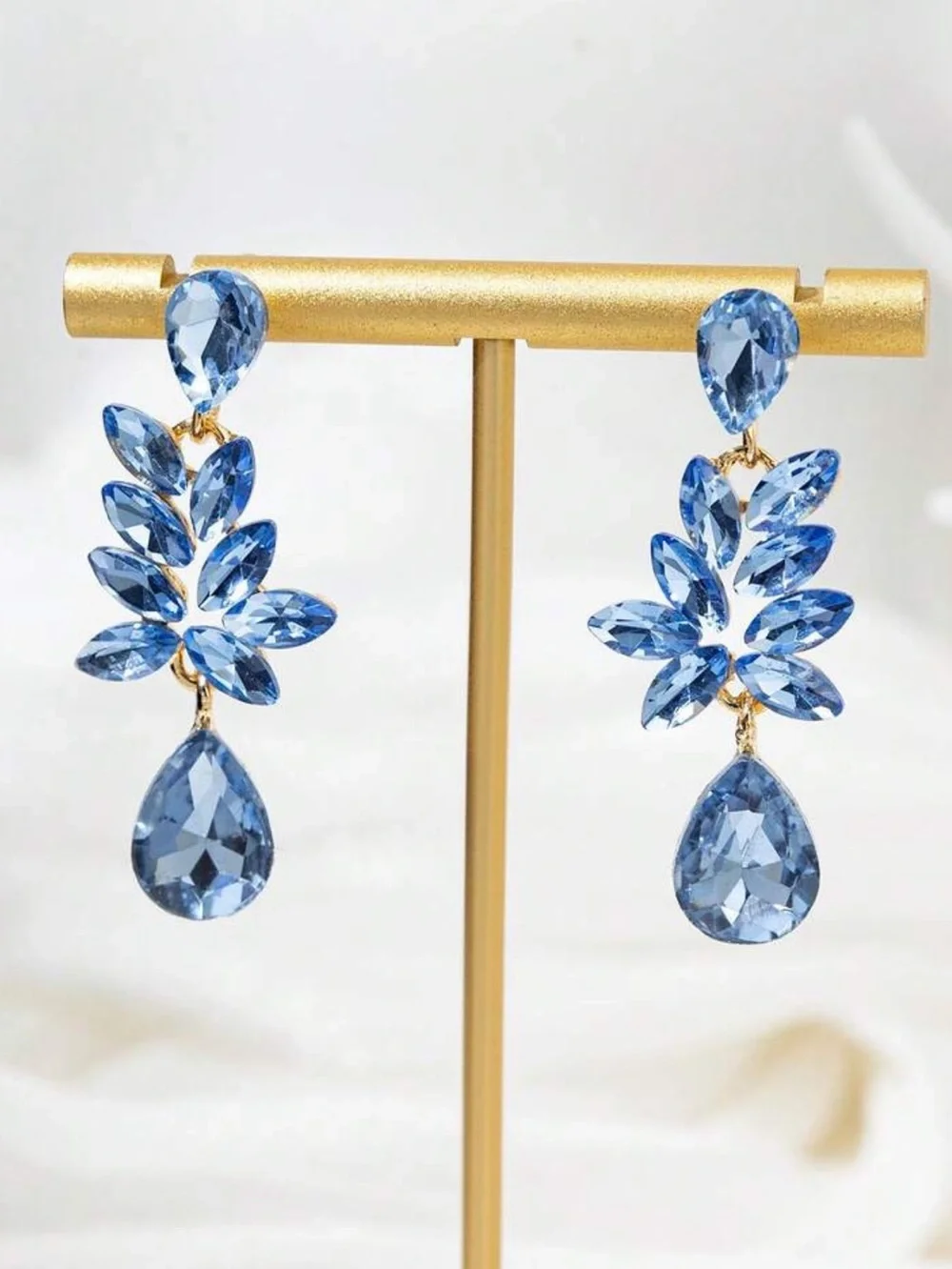 Elegant Baby Blue Teardrop Crystal Leaf Earrings